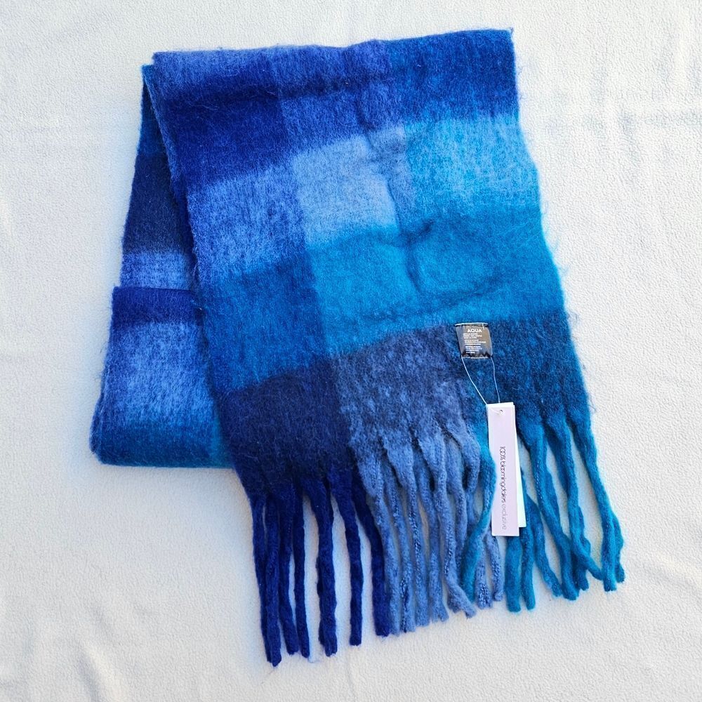 Bloomingdale's Aqua Blue Plaid Fringe Scarf